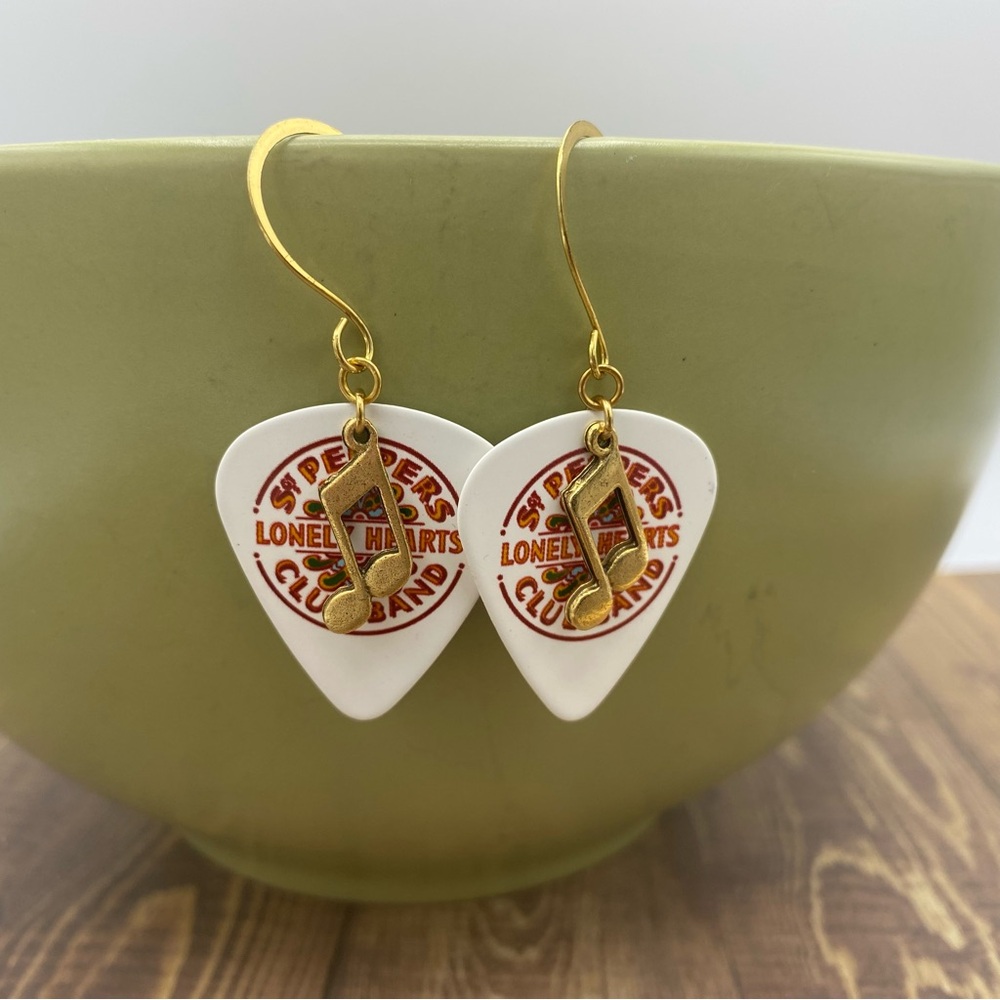 Handmade Beatles Guitar Pick Earrings Gold Tone Charms Hooks Sgt Pepper Gifts